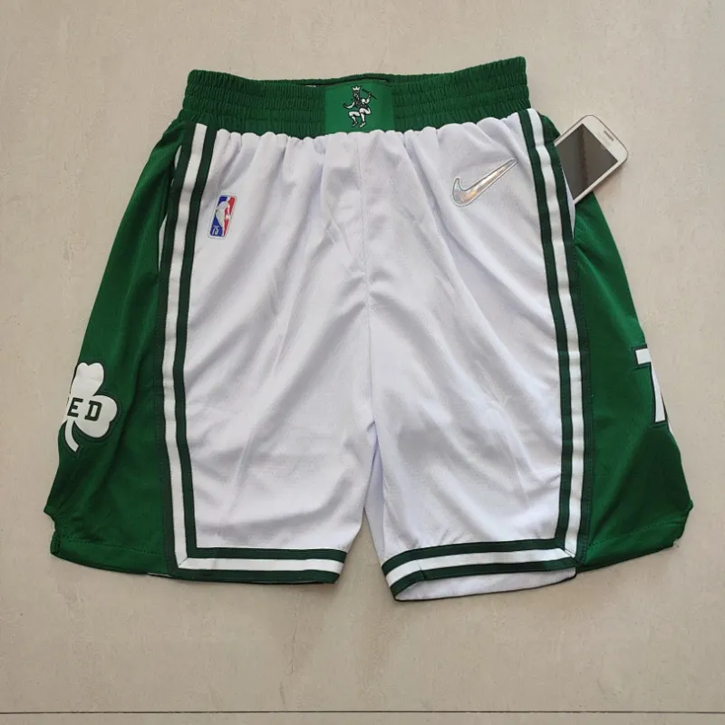 Witte basketbalshorts in retro-stijl ter ere van het 75-jarig jubileum van de Boston Celtics
