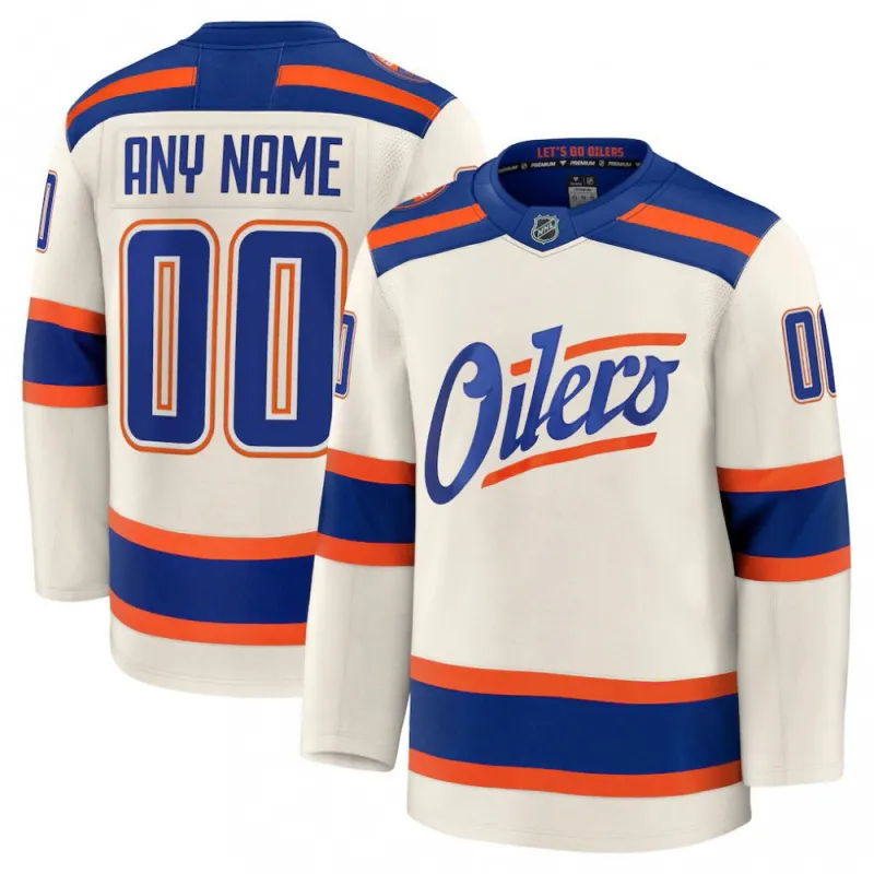 Camisa personalizada premium alternativa dos Edmonton Oilers, na cor creme