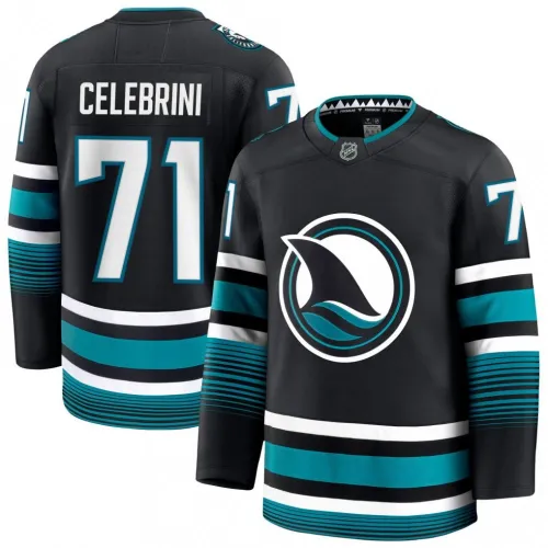 Herren San Jose Haie Macklin Celebrini Schwarz Alternate Premium Jersey