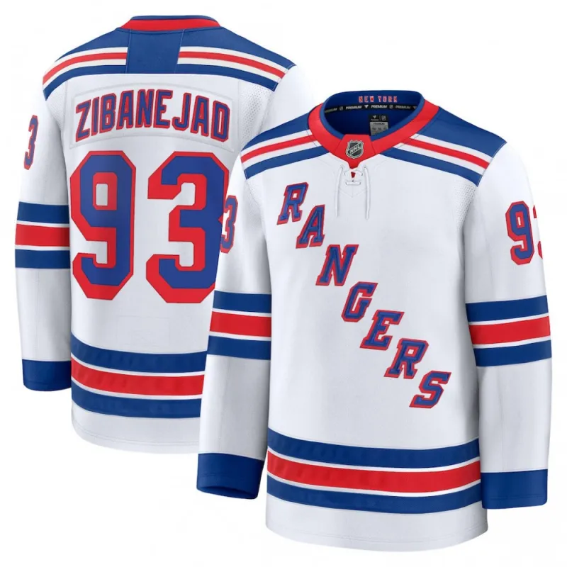 Camisa Premium Branca de Visitante Mika Zibanejad do New York Rangers para Homens