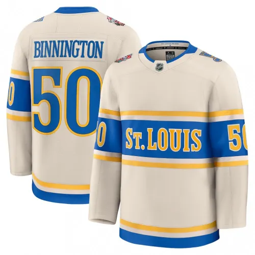 Camiseta de jugador premium de Jordan Binnington (St. Louis Blues) para el NHL Winter Classic 2025 - Color crema