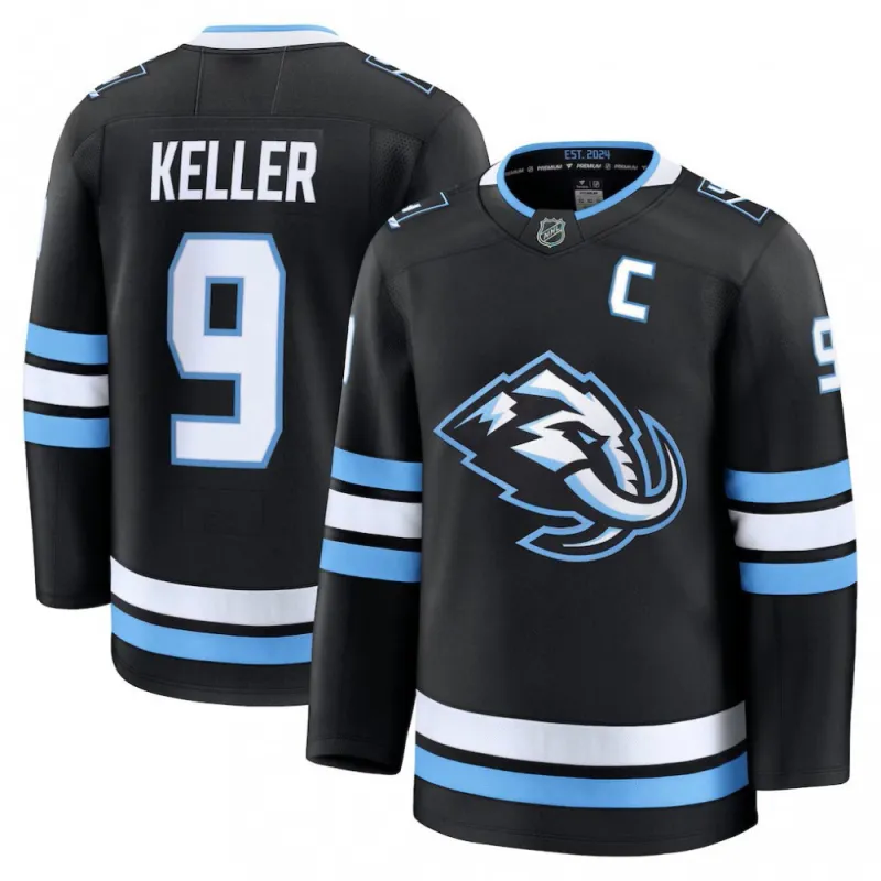 Camisa de jogador premium preta do Utah Mammoth para homem, Clayton Keller, para jogos em casa