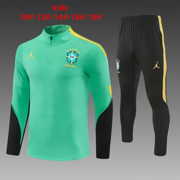 2026 Brazil Jordan Collaboration Kids Half-zip Tracksuit Light Green - A-Grade Quality Detail View