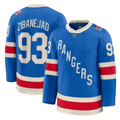 Camisola Centennial Premium azul dos New York Rangers Mika Zibanejad para homem