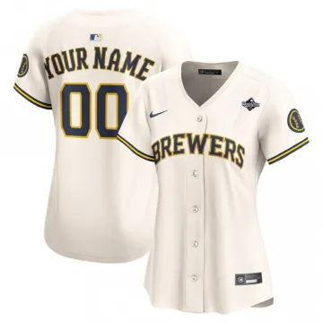 Camiseta personalizada de mujer Nike de los Milwaukee Brewers con parche de la Serie Mundial 2026, modelo «Home Limited» - Color crema