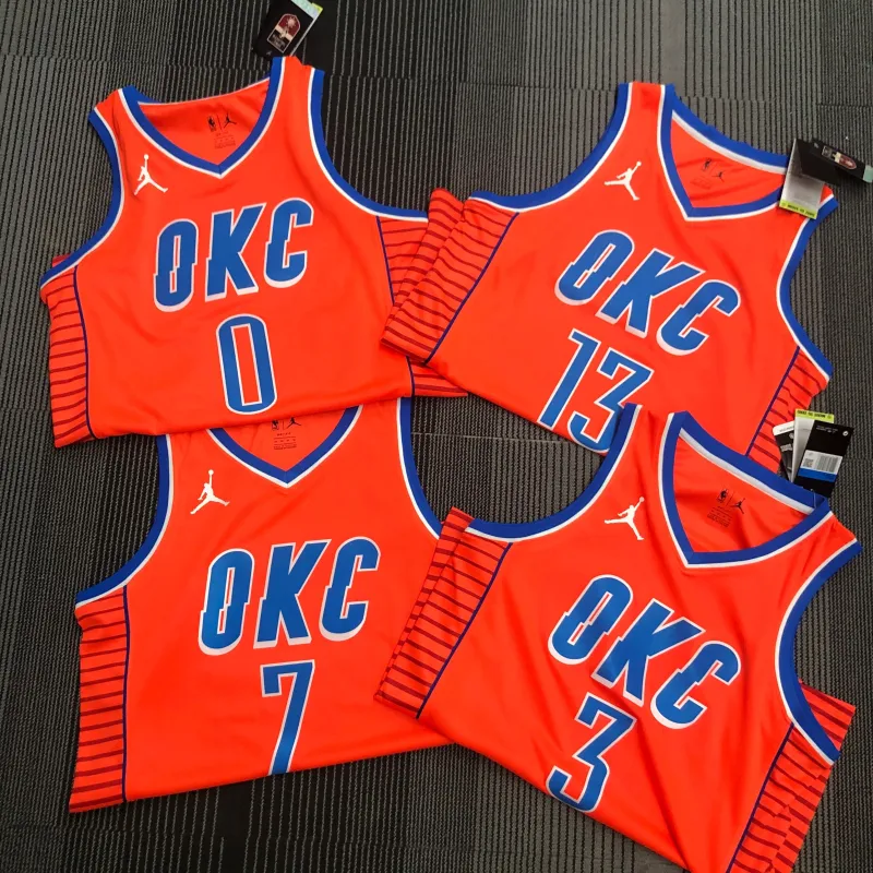 Camisa masculina do Oklahoma City Thunder 2021-22, cor laranja, com o nome de Russell Westbrook (#0)