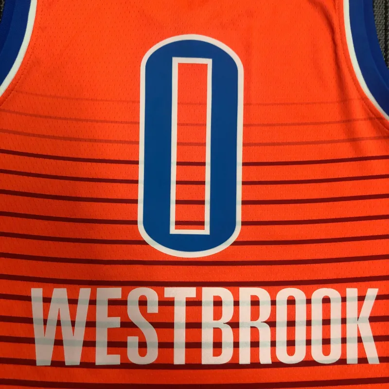 Camisa masculina do Oklahoma City Thunder 2021-22, cor laranja, com o nome de Russell Westbrook (#0)
