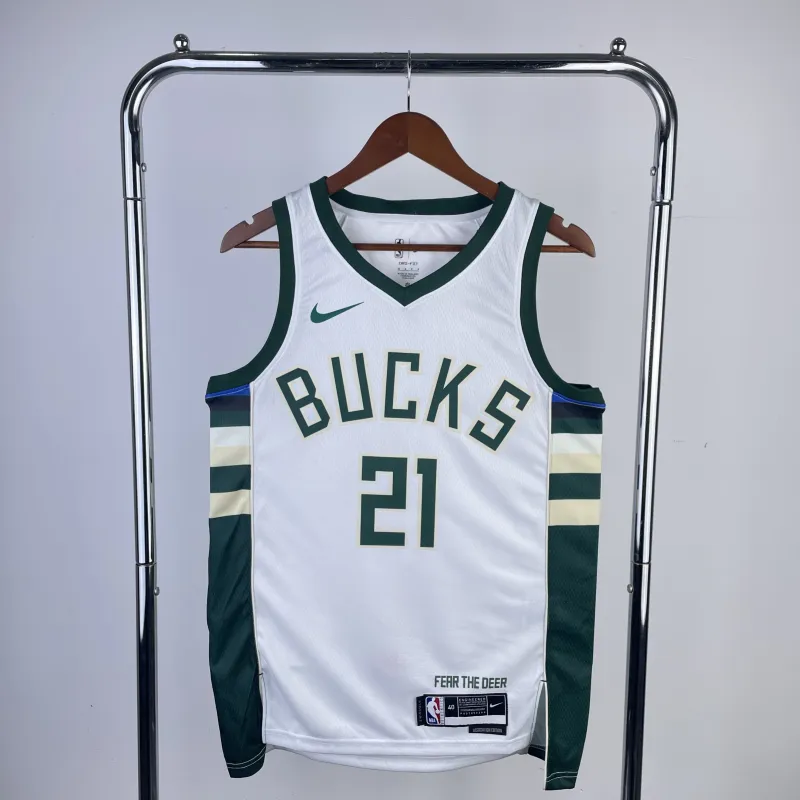 2023/24 Milwaukee Bucks Home White #21 Camisola para homem