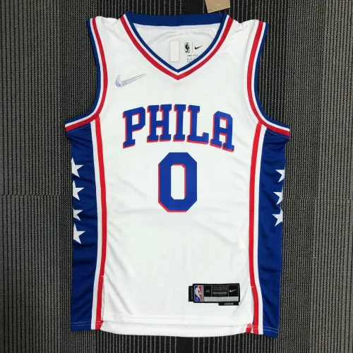 Maillot blanc Tyrese Maxey #0 pour homme, 75e anniversaire des Philadelphia 76ers