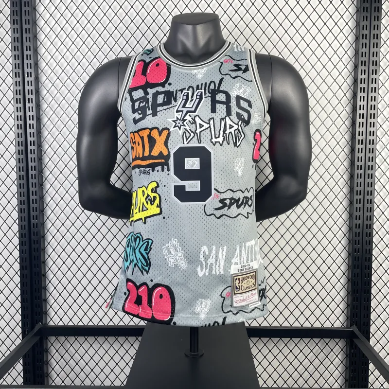2002/03 San Antonio Spurs Mitchell & Ness Retro Graffiti Tony Parker #9 Jersey | NBA Swingman Jersey