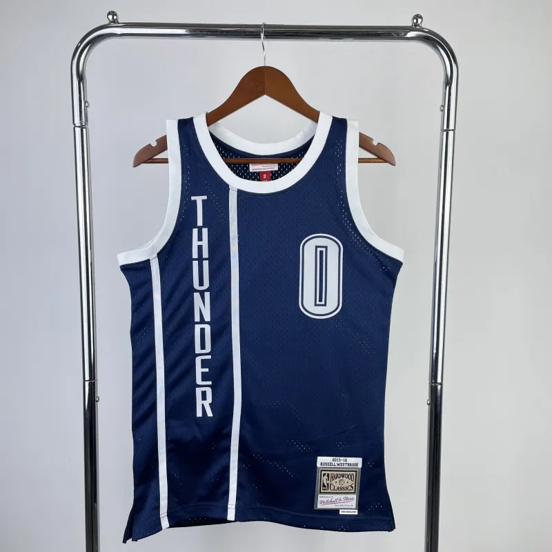 2015-16 Oklahoma City Thunder Mitchell & Ness Classic Blue Russell Westbrook #0 Men’s Jersey