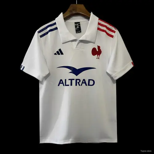 Camisola de França 2025 branca com riscas azuis e vermelhas