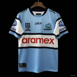 2026 Cronulla Sharks NRL Sky Blue with White Hooped Away Jersey - product photo US24.99 - 2026 Cronulla Sharks NRL Sky Blue with White Hooped Away Jersey
