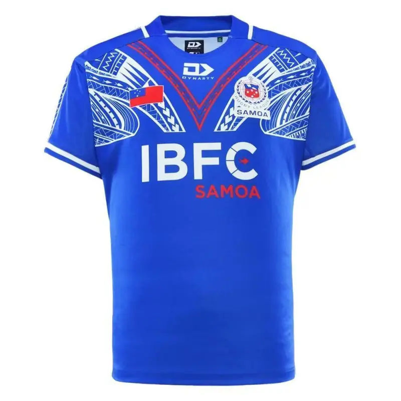 Samoa 2026 Rugby Jersey – Royal Blue with Red Chevron & White Polynesian Tribal Pattern