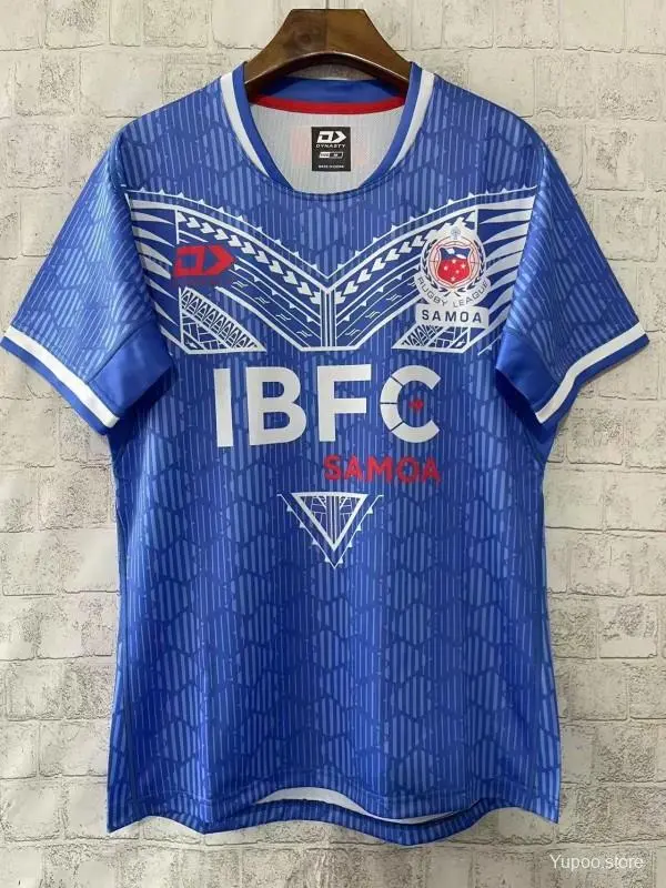 2026 Samoa Rugby League Blauw met Traditioneel Polynesisch Patroon Jersey