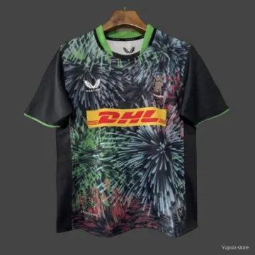 25/26 Troisième maillot des Harlequins noir avec motif feux d'artifice multicolore
