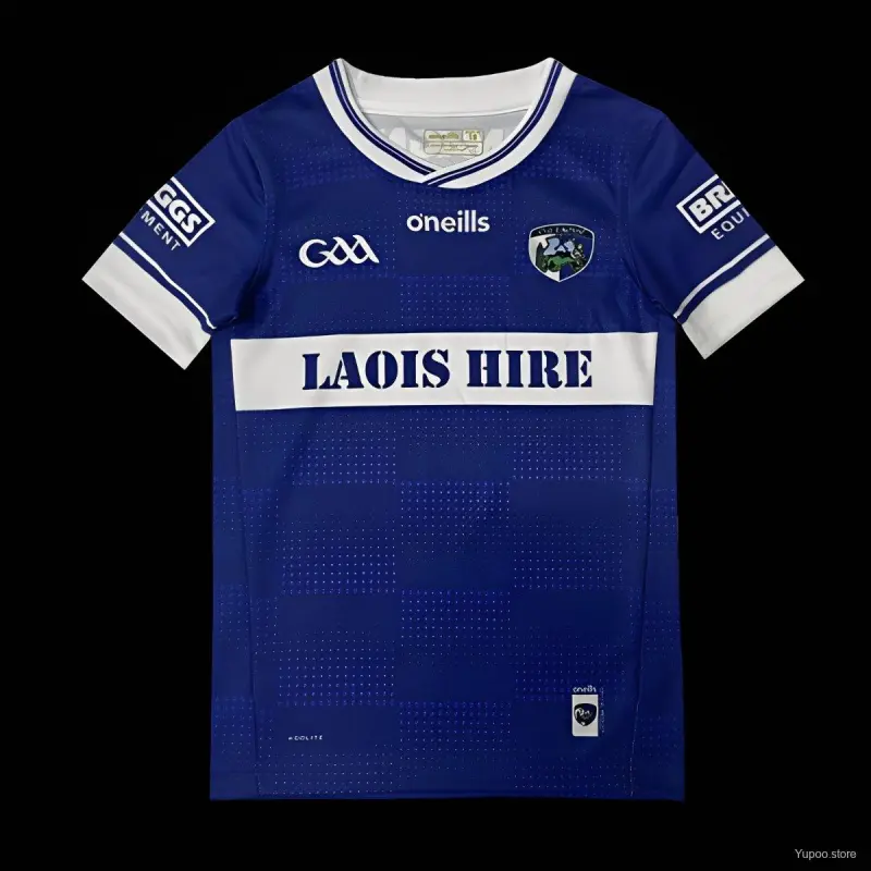 25/26 Kinder-thuisshirt van Laois GAA in blauw met witte ringen en stippenpatroon
