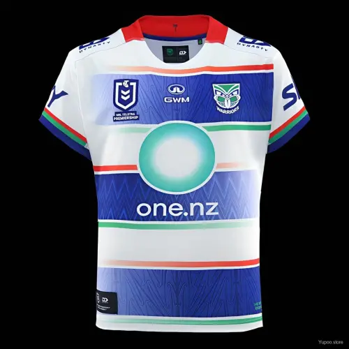 25/26 New Zealand Warriors White with Blue Panels and Circular Gradient Heritage Jersey