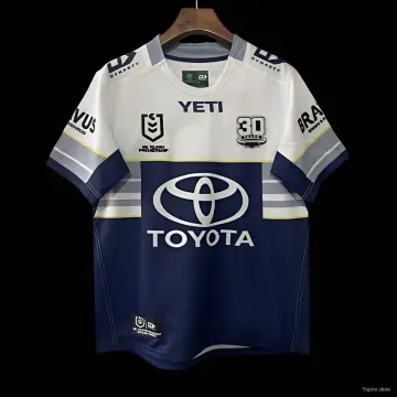 Maillot des North Queensland Cowboys 25/26, bleu marine à rayures blanches et grises