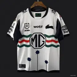 25/26 South Sydney Rabbitohs White with Green Red Stripes and Navy Mace Jersey - product photo US24.99 - 25/26 South Sydney Rabbitohs White with Green Red Stripes and Navy Mace Jersey