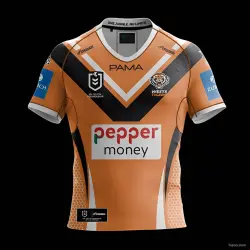 25/26 Wests Tigers Orange with Black Chevron and Honeycomb Pattern Jersey - product photo US24.99 - 25/26 Wests Tigers Orange with Black Chevron and Honeycomb Pattern Jersey
