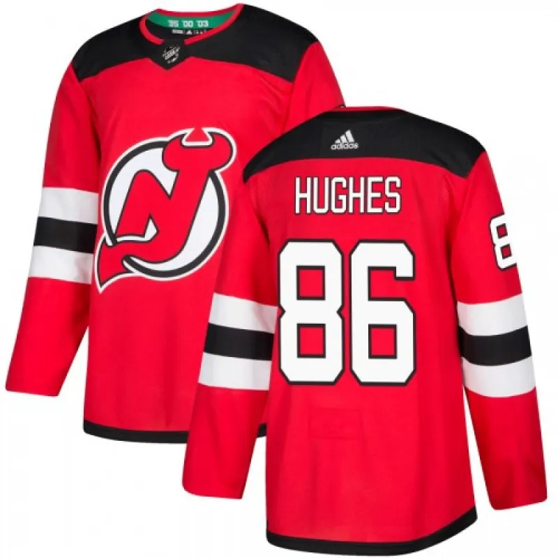 Camiseta premium roja para hombre de los New Jersey Devils con el nombre de Jack Hughes (#86)