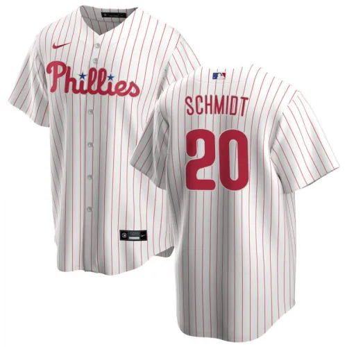 Camiseta Nike blanca y roja de los Philadelphia Phillies para hombre, modelo #20, de Mike Schmidt, temporada 2020.