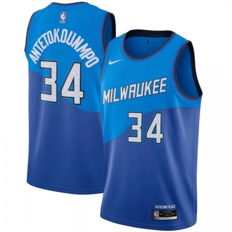 Men’s Milwaukee Bucks Giannis Antetokounmpo #34 Blue 2020/21 Swingman Jersey–City Edition