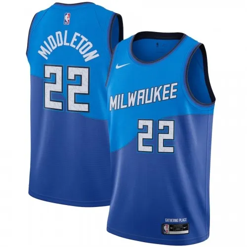 Maillot de joueur Swingman Nike bleu 2020/21 des Milwaukee Bucks pour homme, Khris Middleton #22 – Édition City