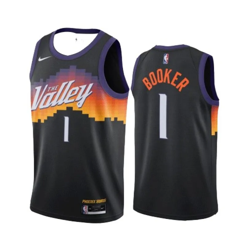 Camisa Swingman Nike preta 2021 dos Phoenix Suns para homem, com o nome de Devin Booker (#1) – Edição City
