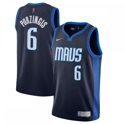 Kristaps Porzingis Dallas Mavericks Nike 2020/21 Swingman-spelersshirt, marineblauw – Earned Edition