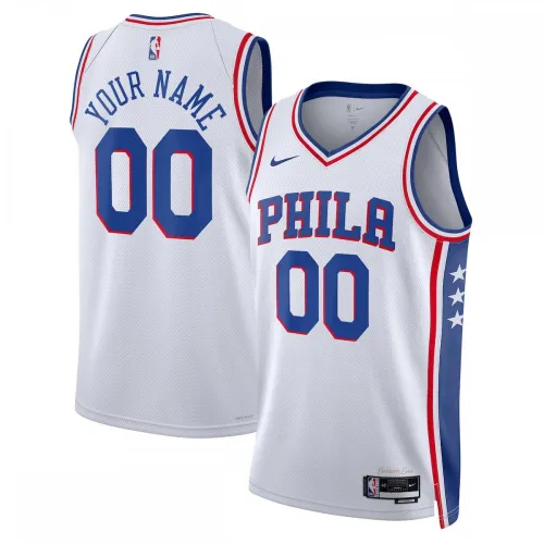 Camisa personalizada Nike unissexo dos Philadelphia 76ers, modelo Swingman, época 2022/23, branca – Edição Association