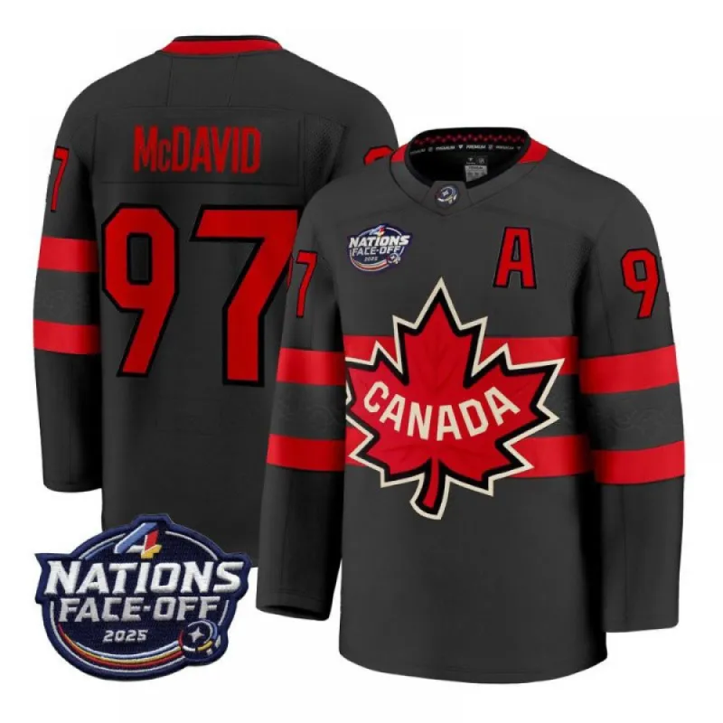 Canada Connor McDavid 2025 Maglia Nera Hockey Team 4 Nations Face-Off