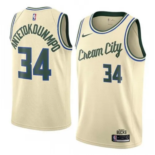 Maillot Swingman Nike « City Edition » pour homme des Milwaukee Bucks, Giannis Antetokounmpo, modèle #34, couleur crème