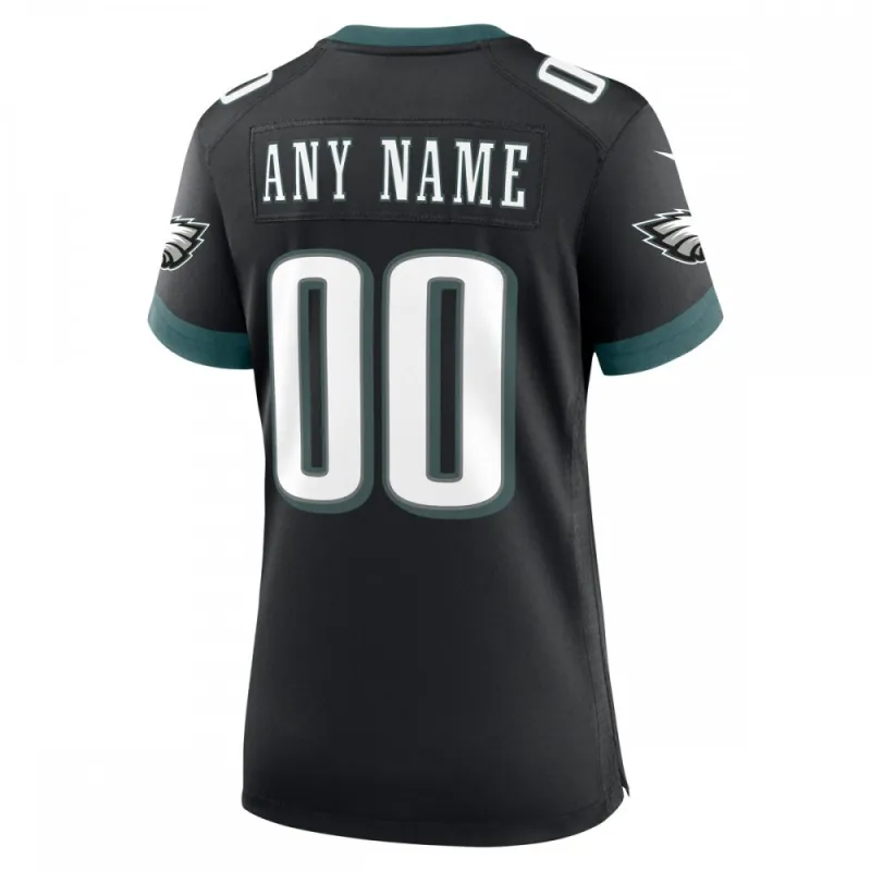 Maglia da partita alternativa personalizzata Nike da donna dei Philadelphia Eagles – Nera