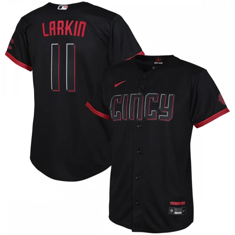 Camiseta de réplica Nike City Connect 2023 para jóvenes de los Cincinnati Reds de Barry Larkin – Negra
