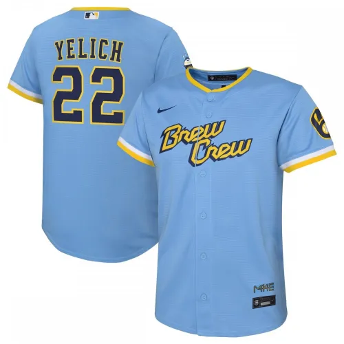 Maillot de joueur Christian Yelich (Milwaukee Brewers) Nike City Connect Replica 2022 pour enfants - Bleu poudré