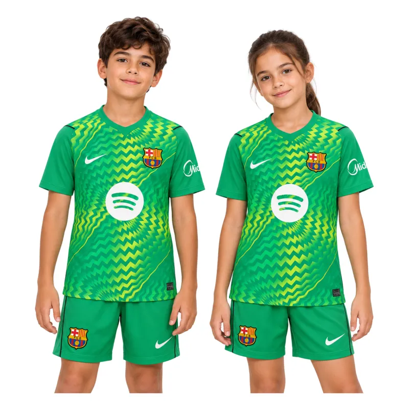 26/27 Barcelona Goalkeeper Kids Kit – Green — virtual model close front