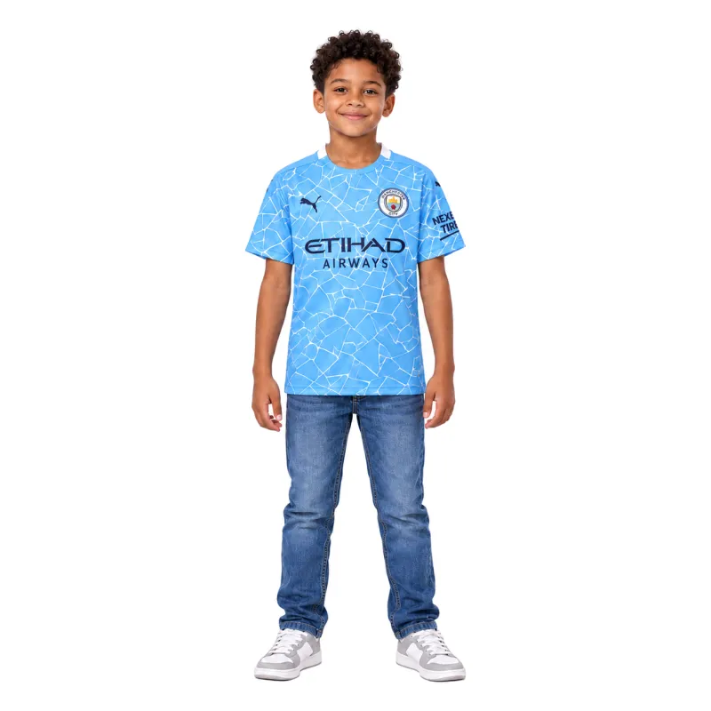 20/21 Manchester City Retro Home Kids Jersey — AI model preview, full-body front view