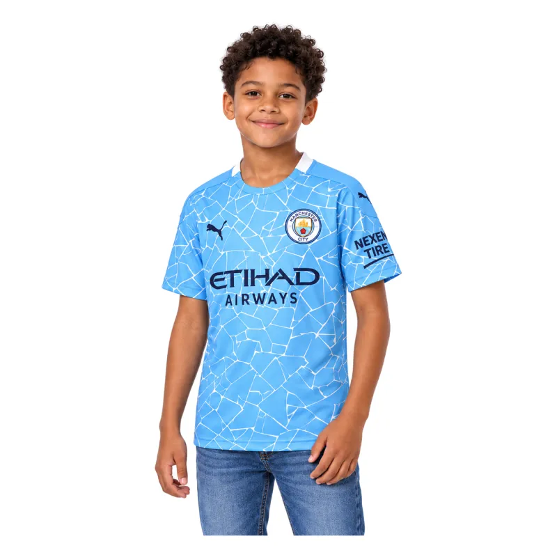 20/21 Manchester City Retro Home Kids Jersey — AI model preview, upper-body front view