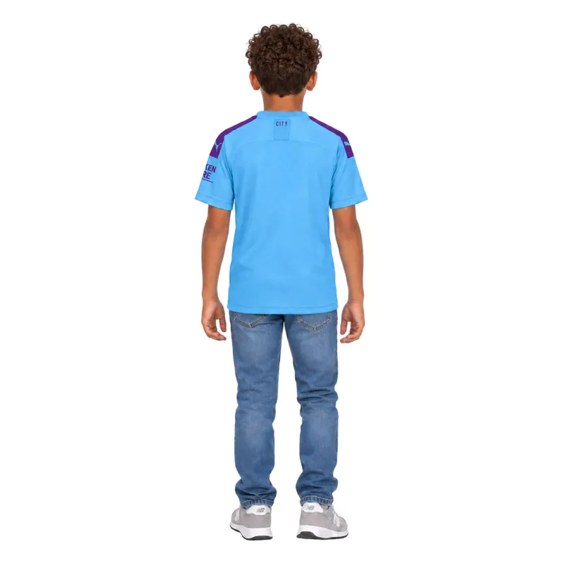 19/20 Manchester City Retro Home Kids Jersey — AI model preview, full-body back view