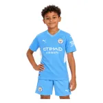 21/22 Manchester City Home Kids Kit — AI model preview, upper-body front view; socks optional
