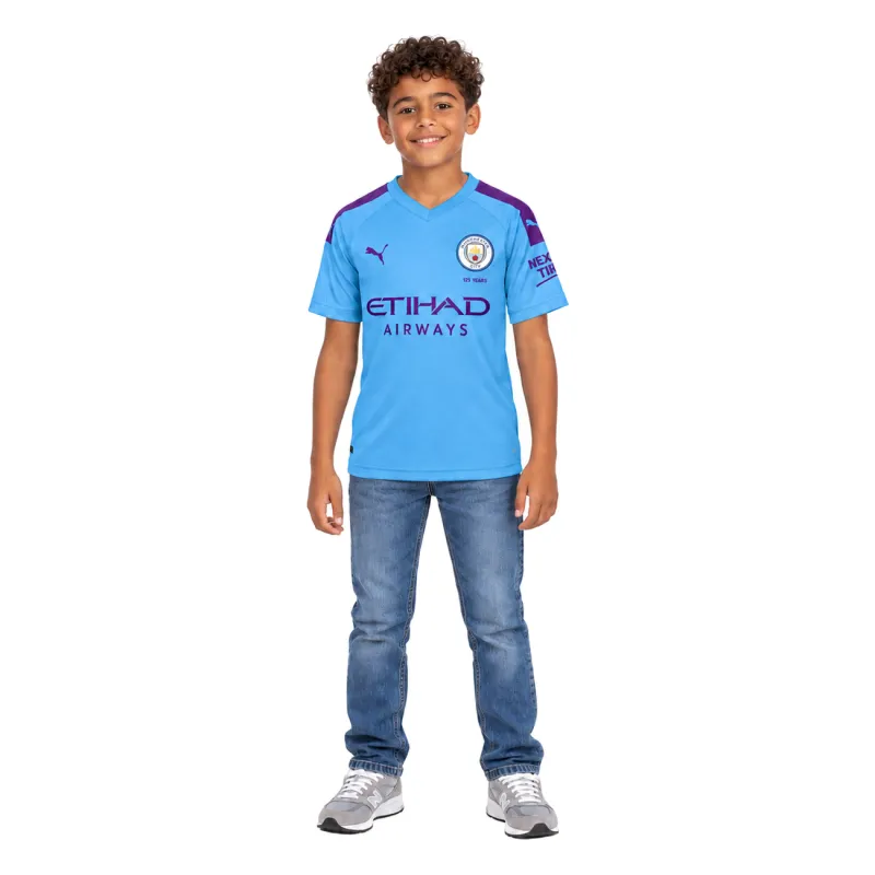 19/20 Manchester City Retro Home Kids Jersey — AI model preview, full-body front view