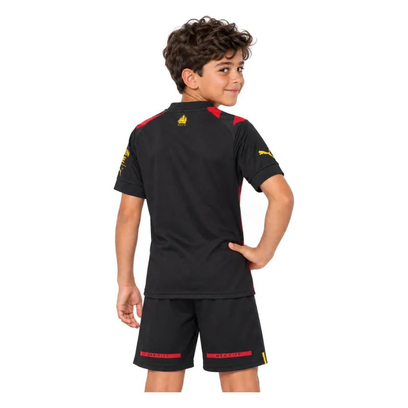 22/23 Manchester City Away Kids Kit — AI model preview, upper-body back view; socks optional