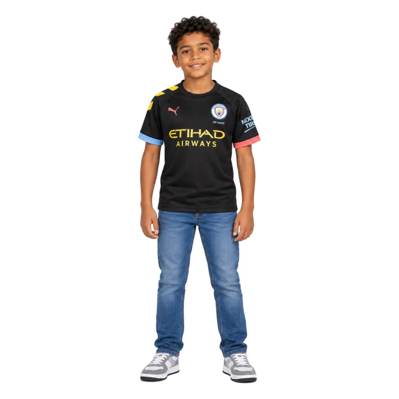 19/20 Manchester City Retro Away Kids Jersey — AI model preview, full-body front view