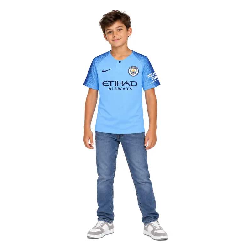 18/19 Manchester City Retro Home Kids Jersey — AI model preview, full-body front view