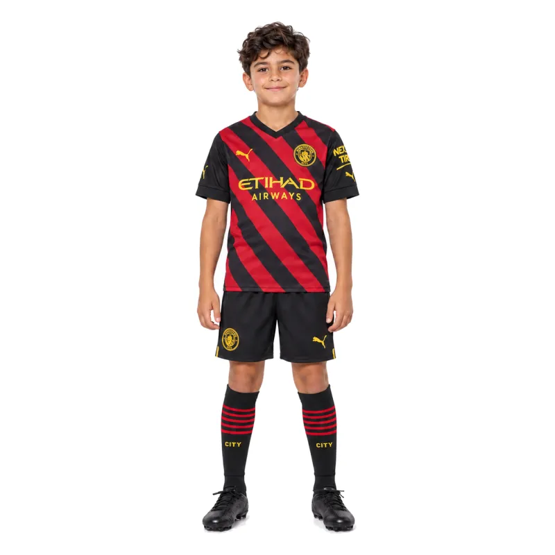22/23 Manchester City Away Kids Kit — AI model preview, full-body front view; socks optional