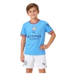 22/23 Manchester City Home Kids Kit — AI model preview, upper-body front view; socks optional