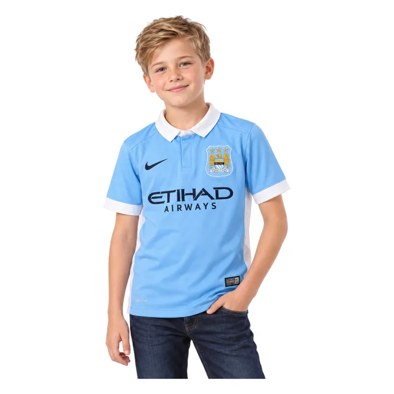 15/16 Manchester City Retro Home Kids Jersey — AI model preview, upper-body front view