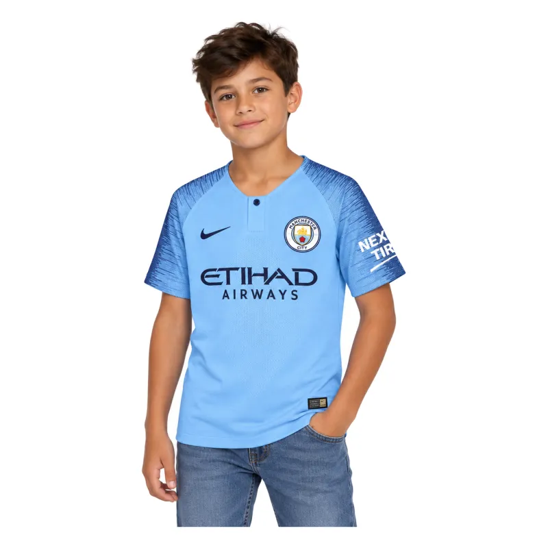 18/19 Manchester City Retro Home Kids Jersey — AI model preview, upper-body front view